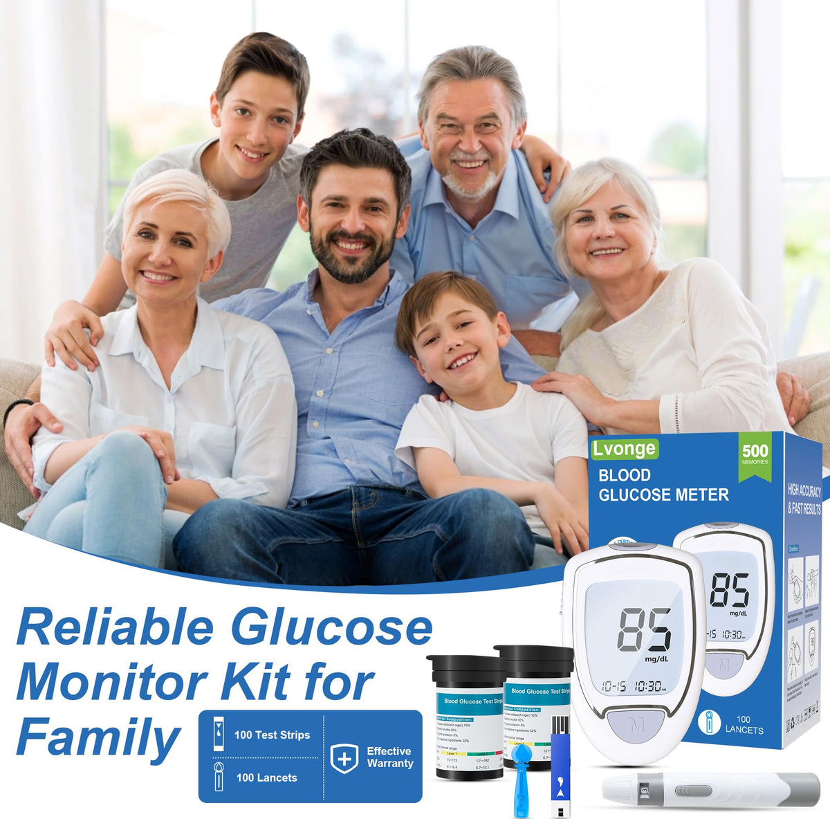 Blood Sugar Testing Kit with 100 Strips & 100 Lancets J46614