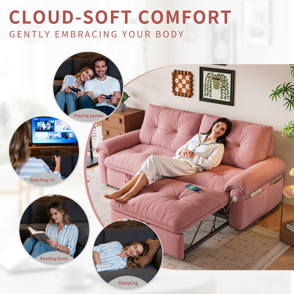 Queen Size Pink Sofa Bed with Pull Out Bed F1310