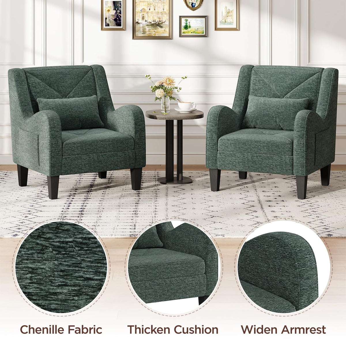 Green Chenille Upholstered Accent Chair with Lumbar Pillow A440102