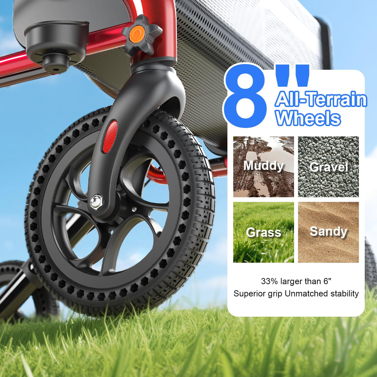 Red 8" All-Terrain Rollator Walker J244