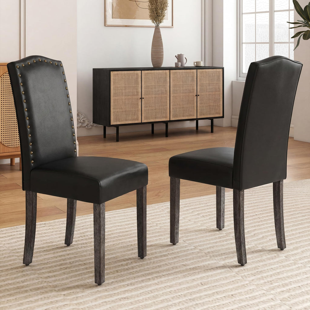 PU Dining Chair Set of 2 Upholstered with Copper Nails and Solid Wood Legs R6521