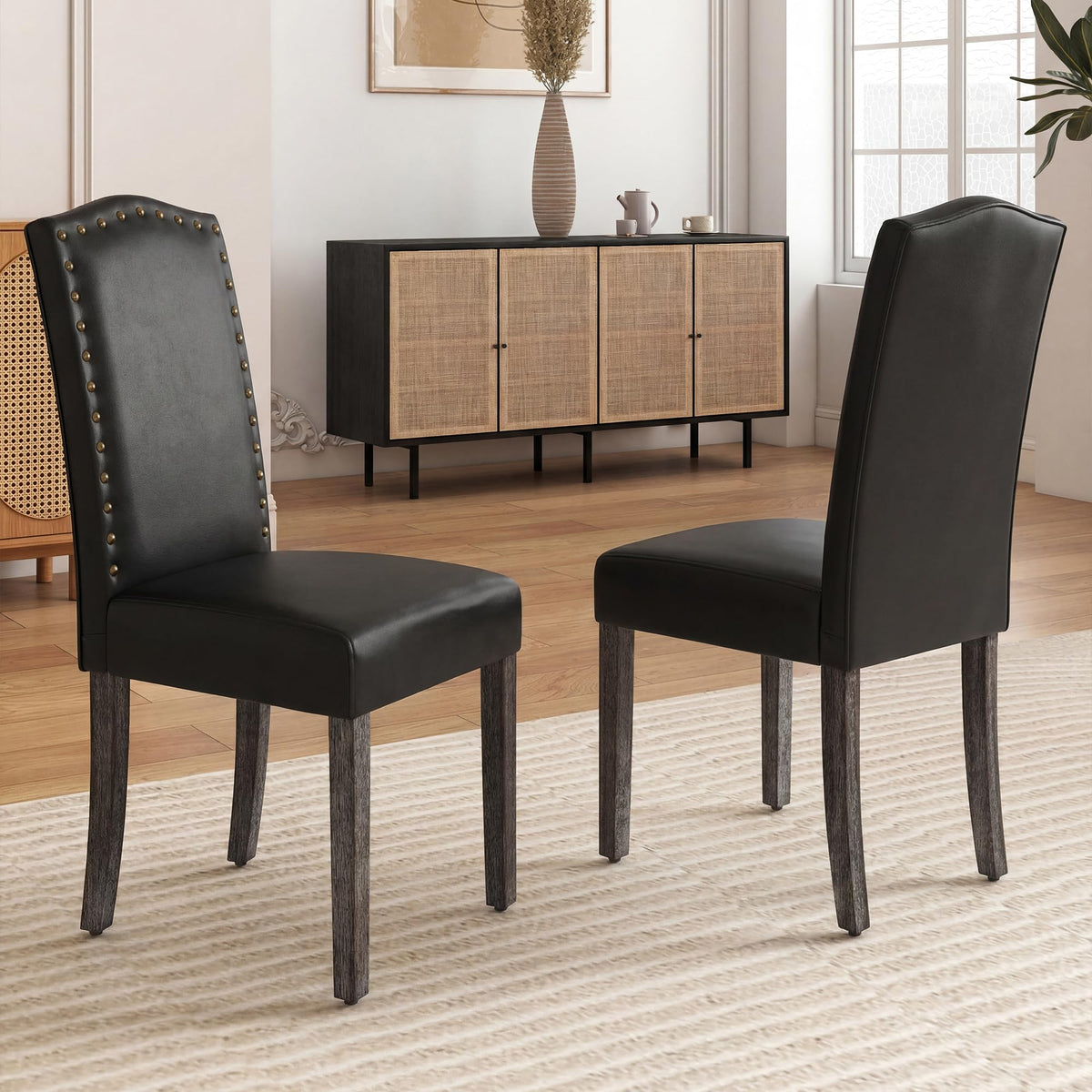 PU Dining Chair Set of 2 Upholstered with Copper Nails and Solid Wood Legs R6521