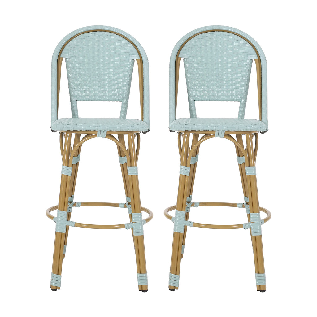 29.5" PE Rattan Aluminum Bar Stools, Set of 2, Light Teal E283