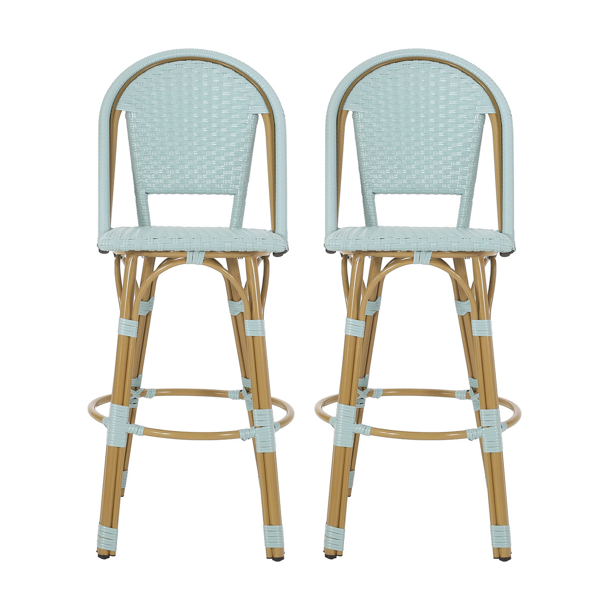 29.5" PE Rattan Aluminum Bar Stools, Set of 2, Light Teal E283