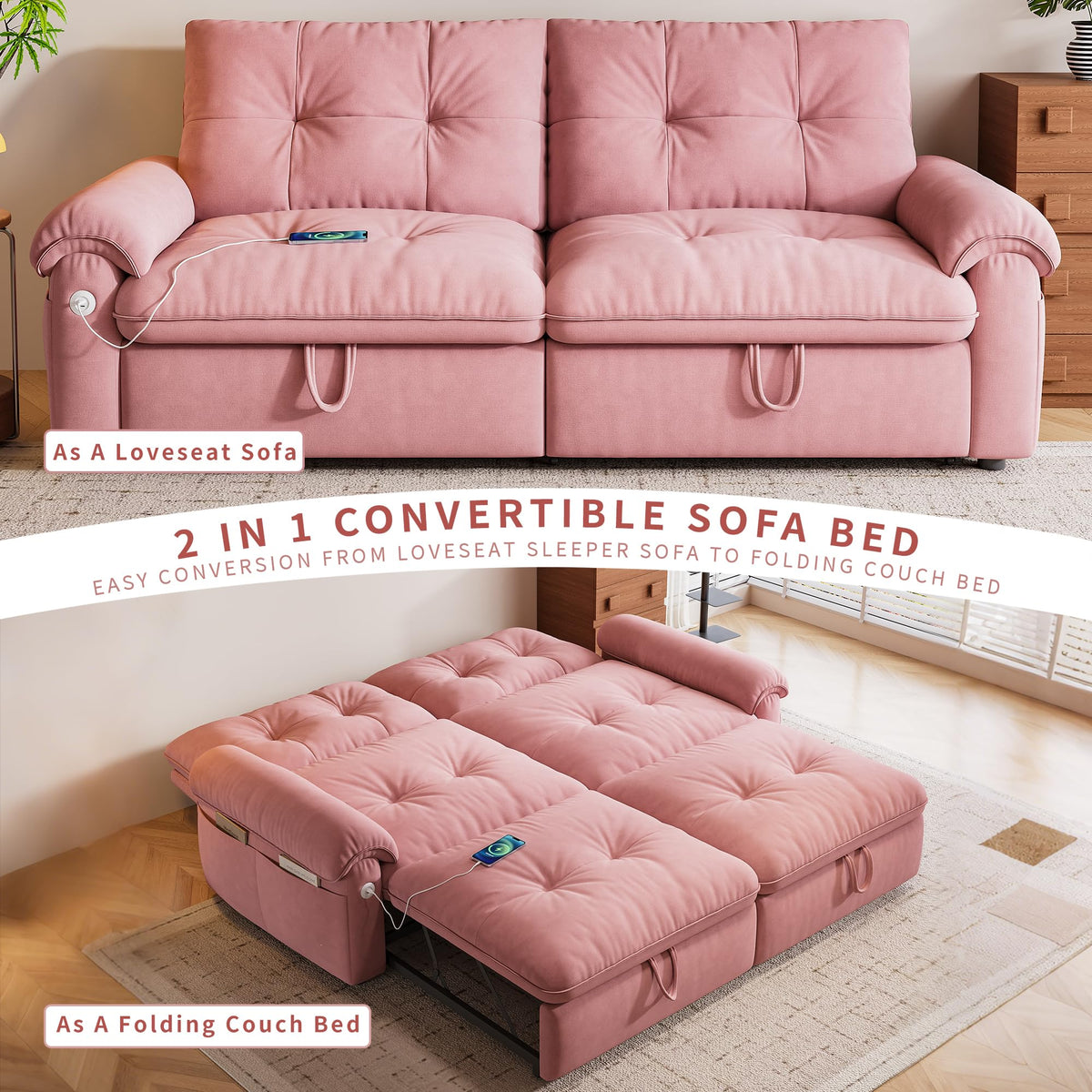 Queen Size Pink Sofa Bed with Pull Out Bed F1310