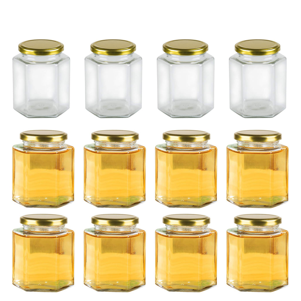 16 oz Hexagon Glass Honey Jars with Lids, 12 Pack C94802