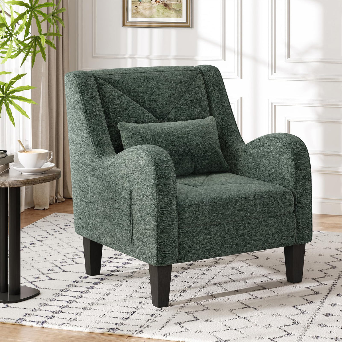 Green Chenille Upholstered Accent Chair with Lumbar Pillow A440102
