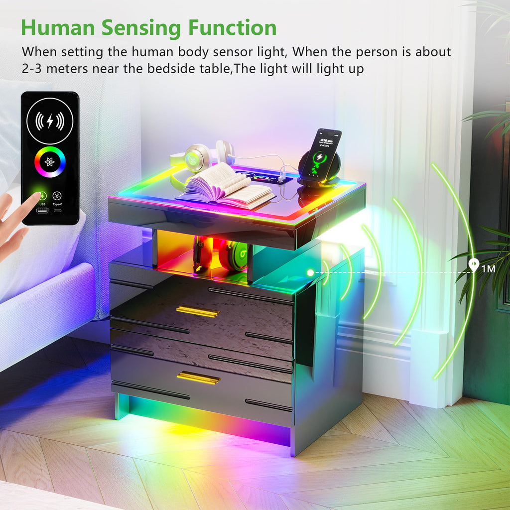 Black Smart Nightstand with Wireless Charging Station Y4285