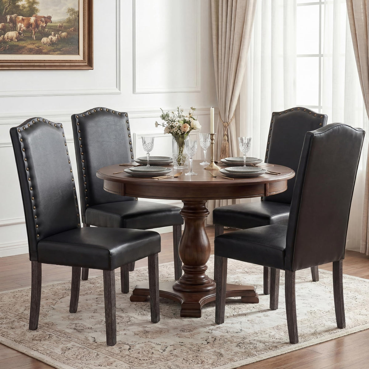 PU Dining Chair Set of 2 Upholstered with Copper Nails and Solid Wood Legs R6521