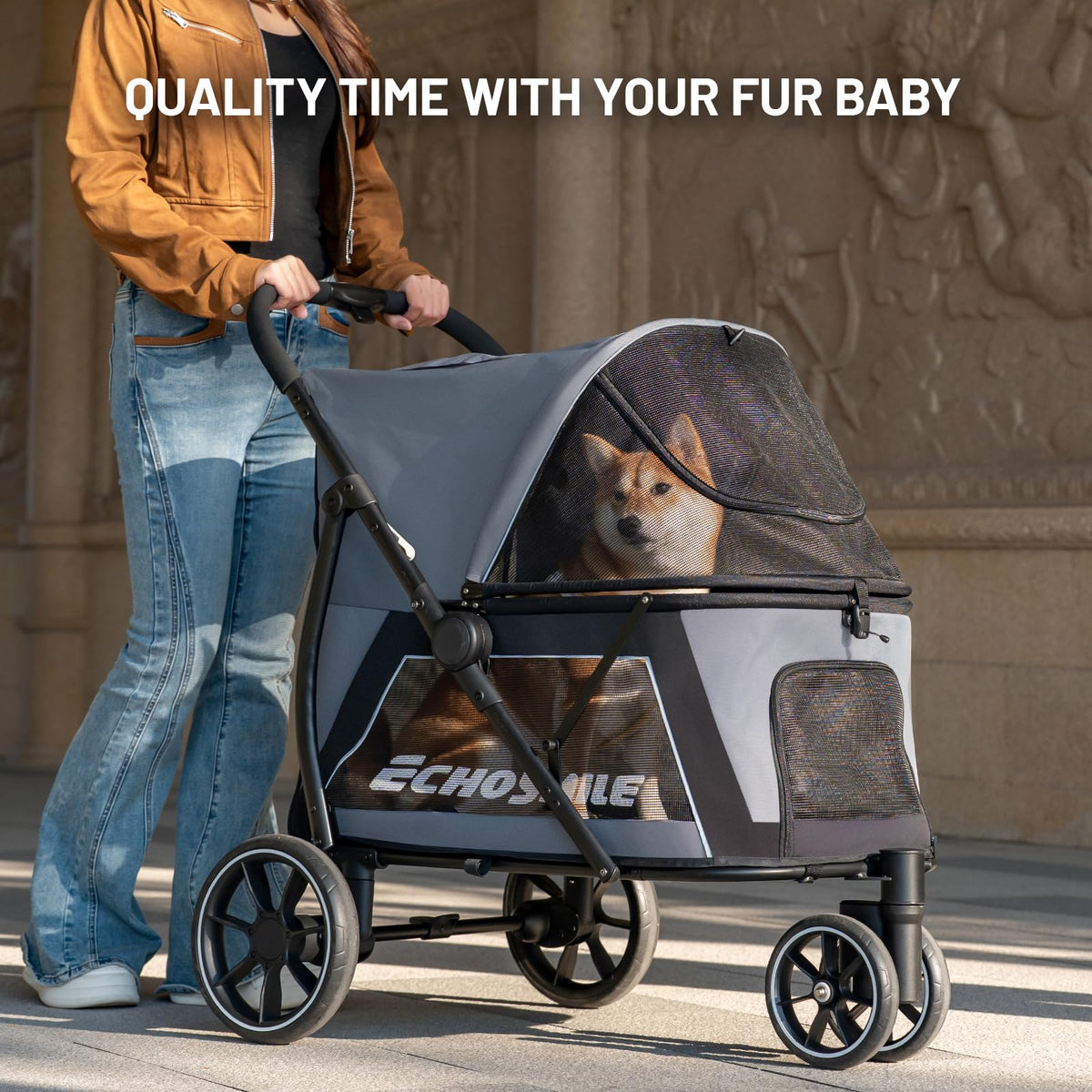 Foldable 3 Wheels Gray Dog Stroller P167