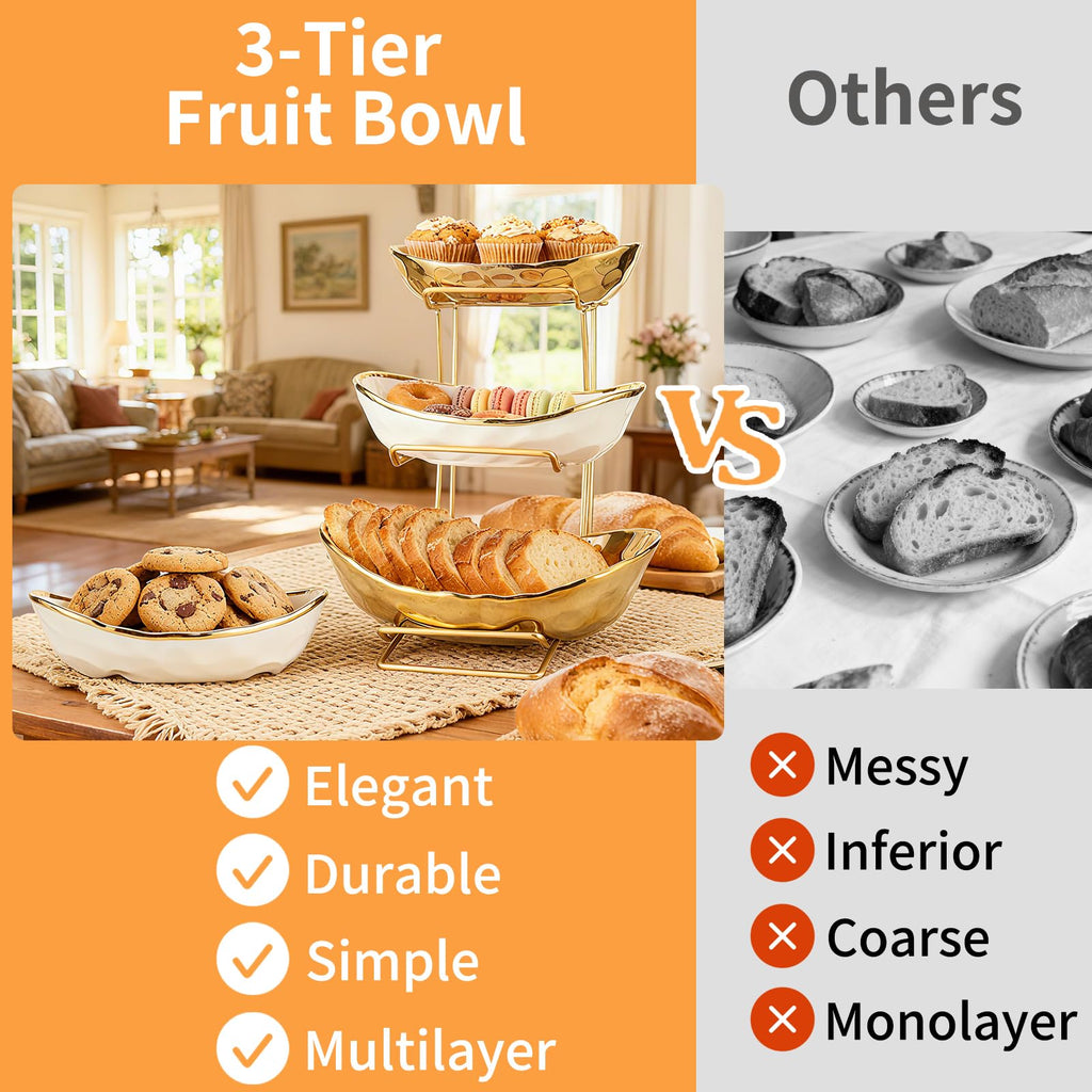 3 Tier Ceramic Fruit Bowl with Metal Rack K2270