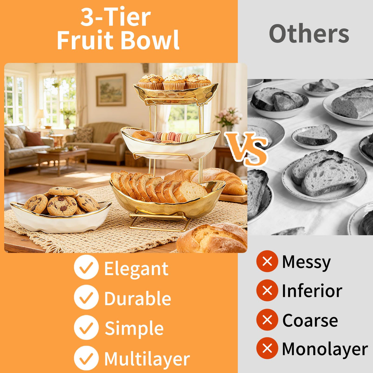 3 Tier Ceramic Fruit Bowl with Metal Rack K2270