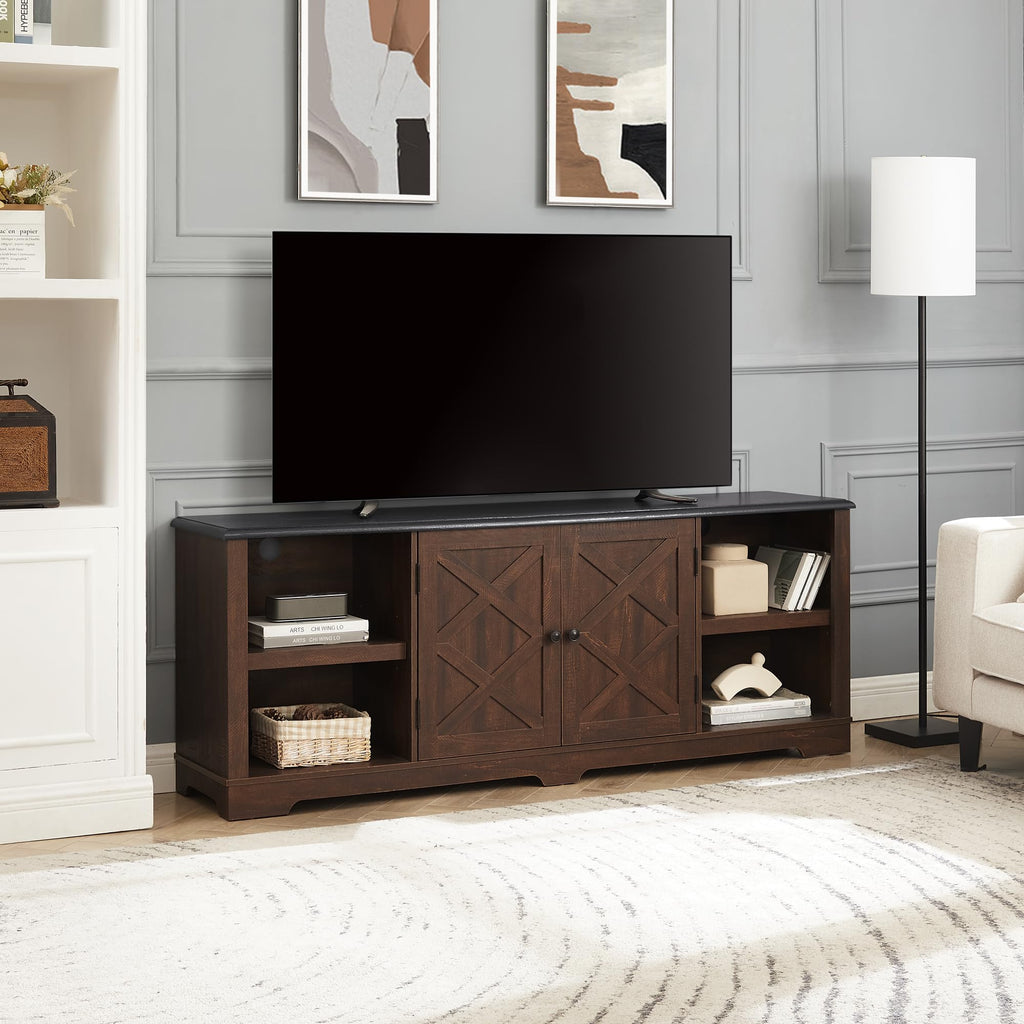 Espresso and Black TV Media Stand with Open Shelves and Closed Cabinets J891562