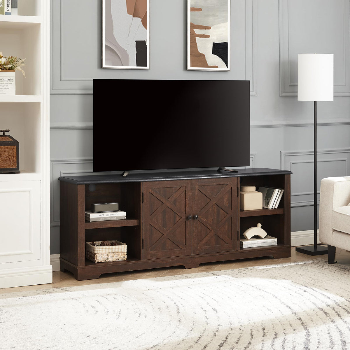 Espresso and Black TV Media Stand with Open Shelves and Closed Cabinets J891562