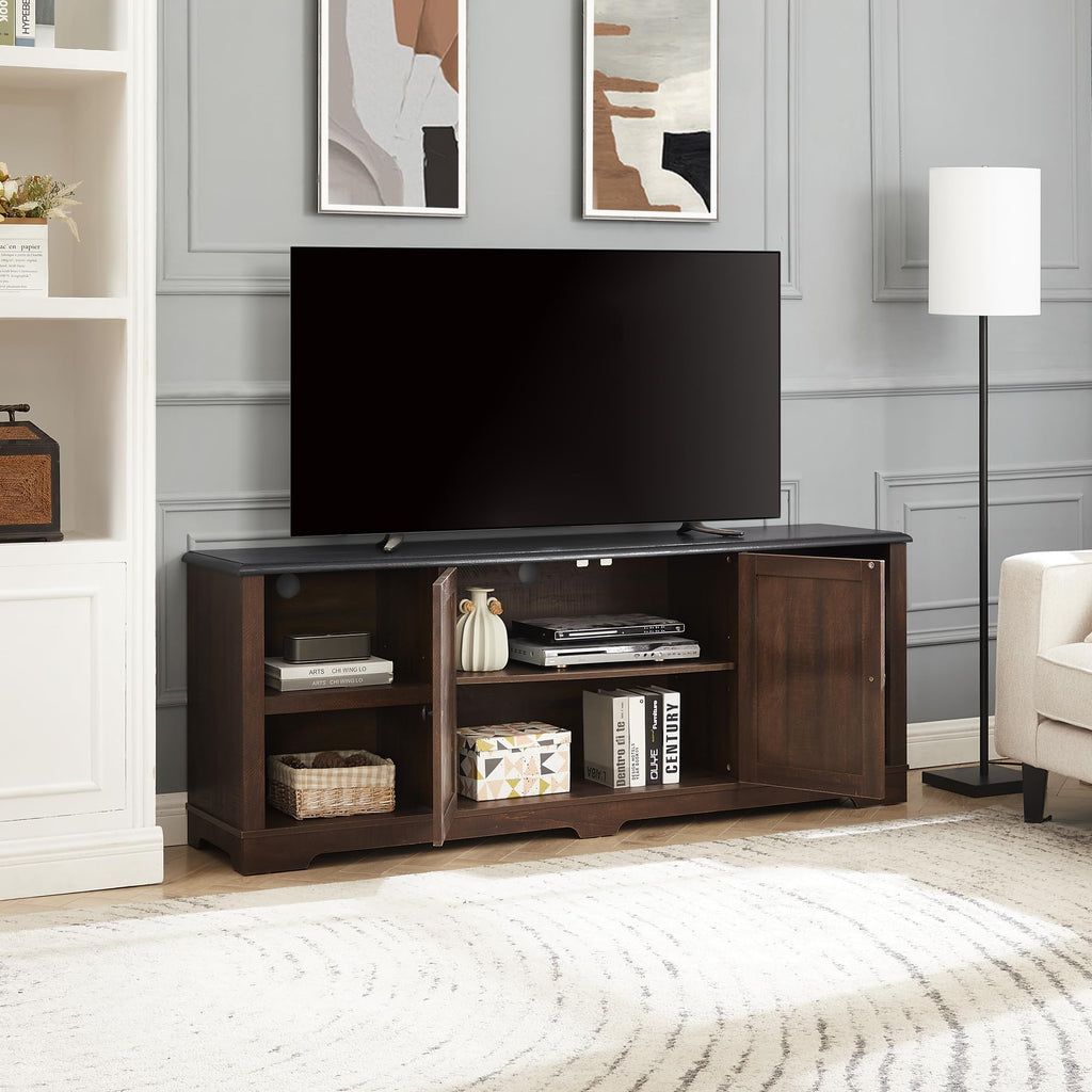 Espresso and Black TV Media Stand with Open Shelves and Closed Cabinets J891562