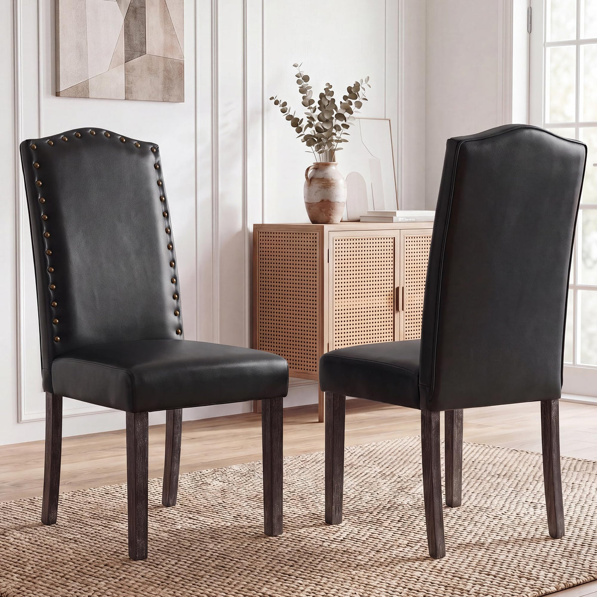 PU Dining Chair Set of 2 Upholstered with Copper Nails and Solid Wood Legs R6521