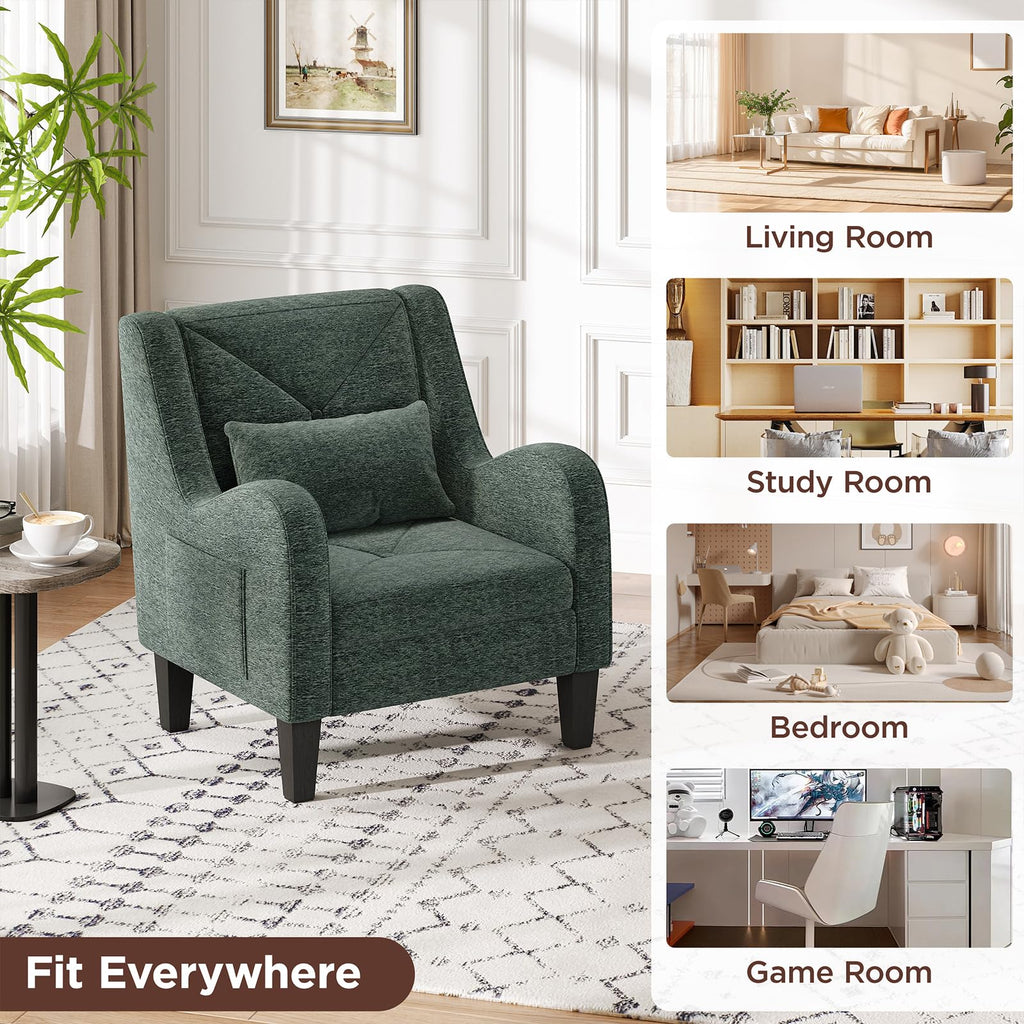 Green Chenille Upholstered Accent Chair with Lumbar Pillow A440102