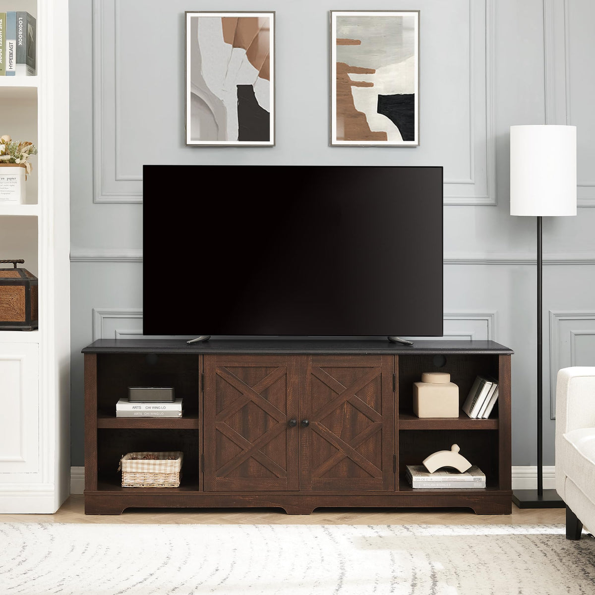 Espresso and Black TV Media Stand with Open Shelves and Closed Cabinets J891562
