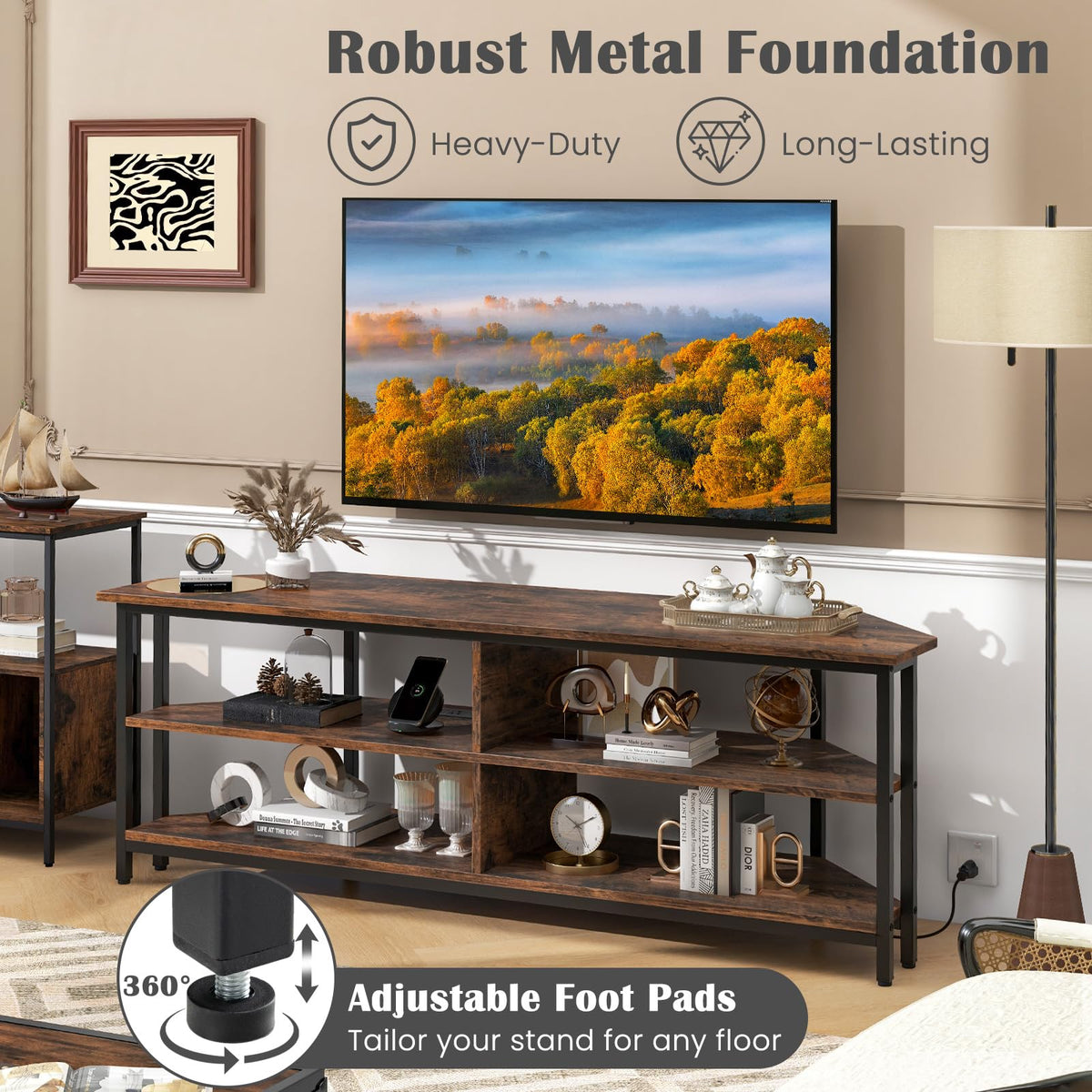 Corner TV Stand for TVs up to 65" with AC Outlets and Storage Shelves W27566