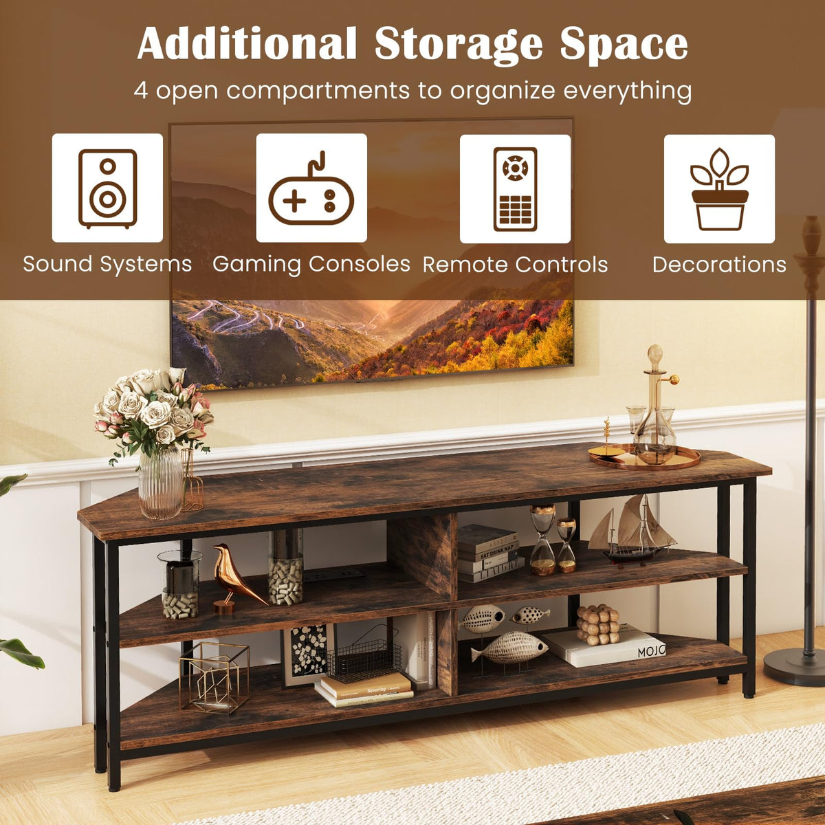 Corner TV Stand for TVs up to 65" with AC Outlets and Storage Shelves W27566