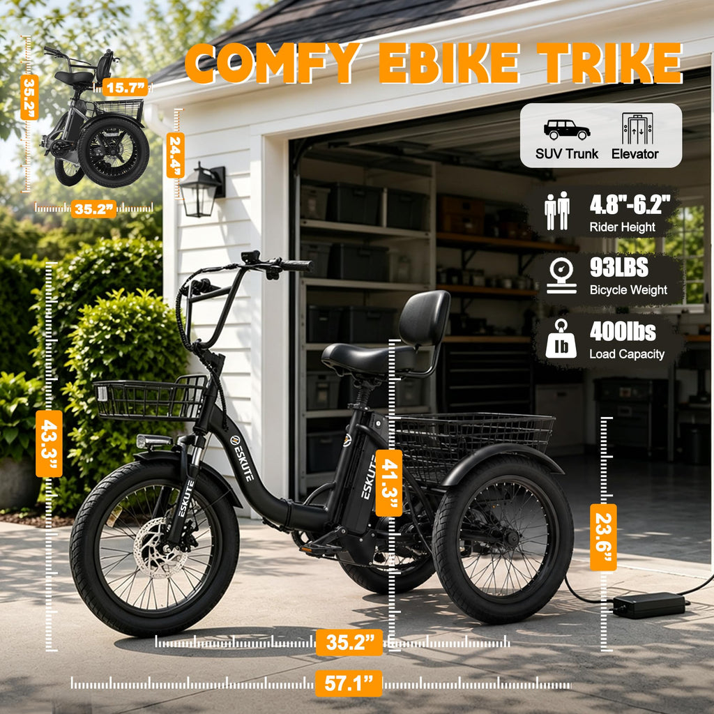 Electric Tricycle for Adults, 1200W Folding E-Trike, 48V 13Ah Battery, 18" Fat Tire 3-Wheel Electric Bike N976