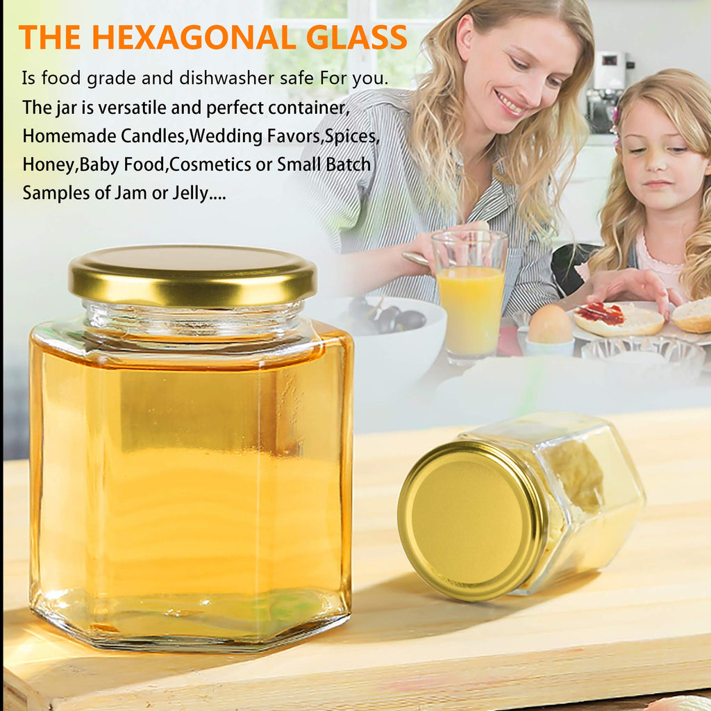 16 oz Hexagon Glass Honey Jars with Lids, 12 Pack C94802