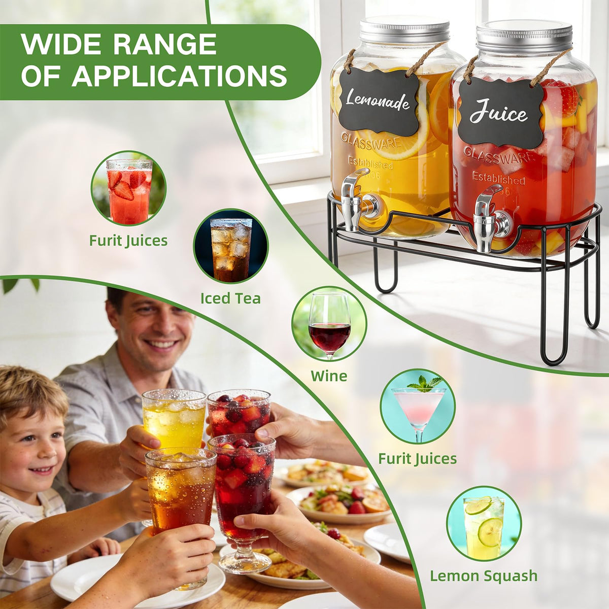 1 Gallon Glass Drink Dispenser 2 Pack with Fruit Infuser and Stand N6511