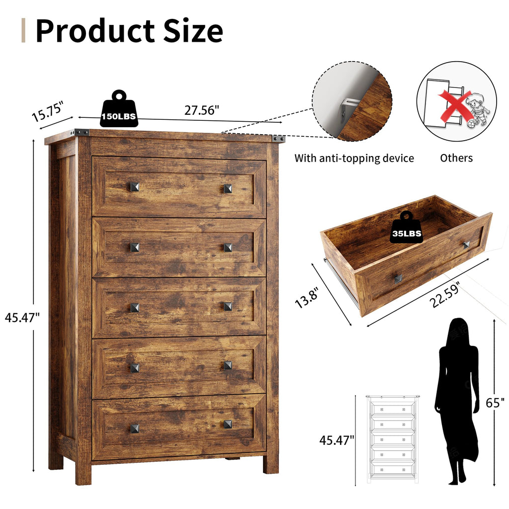 45.5" Tall 5-Drawer Brown Dresser E557