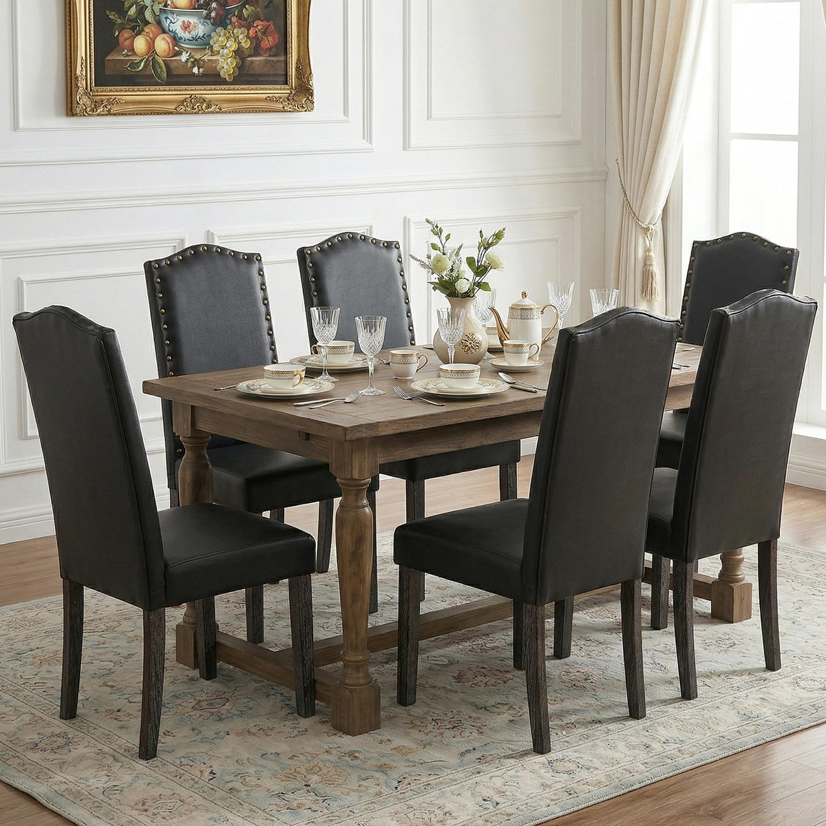 PU Dining Chair Set of 2 Upholstered with Copper Nails and Solid Wood Legs R6521