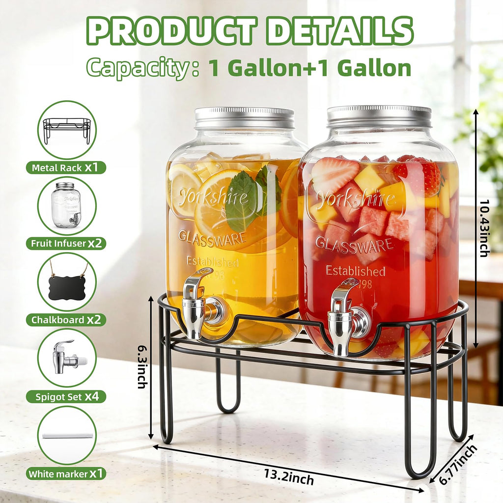 1 Gallon Glass Drink Dispenser 2 Pack with Fruit Infuser and Stand N6511