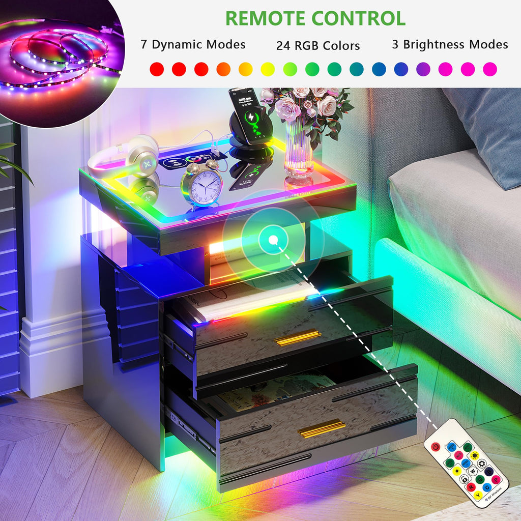 Black Smart Nightstand with Wireless Charging Station Y4285