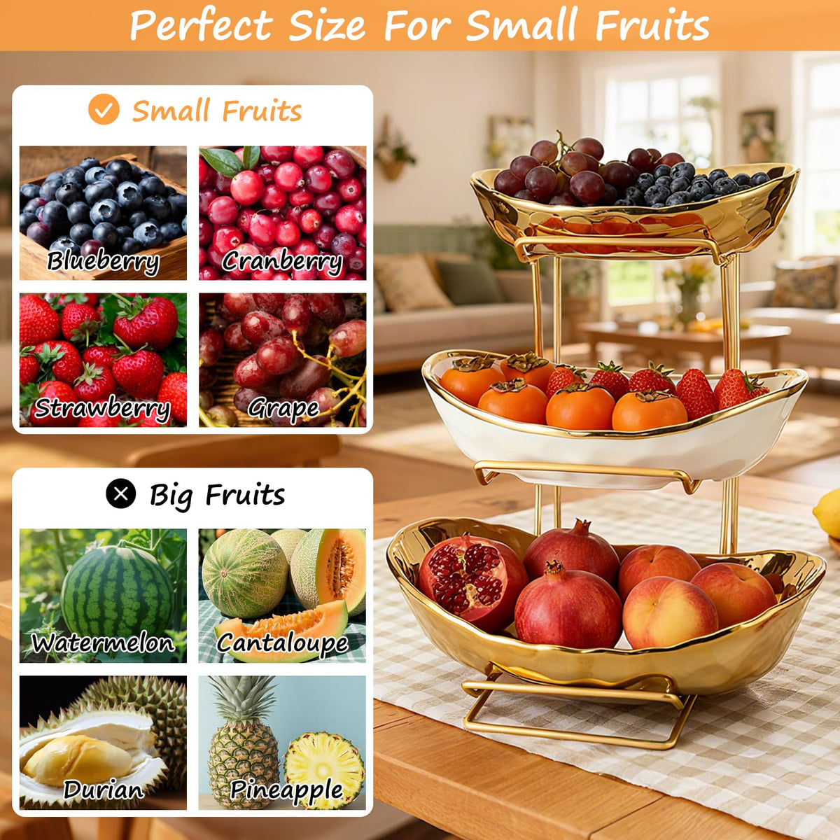 3 Tier Ceramic Fruit Bowl with Metal Rack K2270