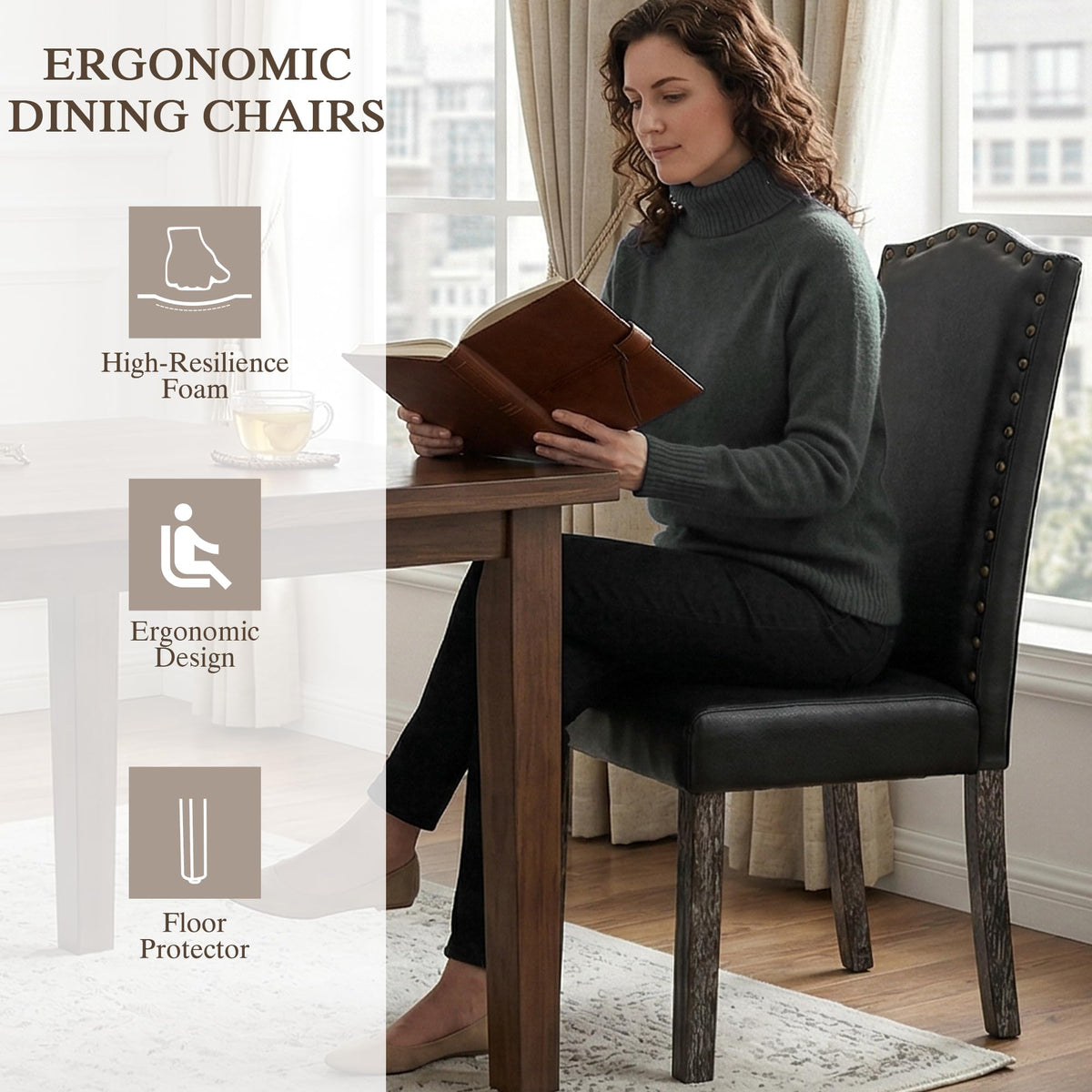 PU Dining Chair Set of 2 Upholstered with Copper Nails and Solid Wood Legs R6521