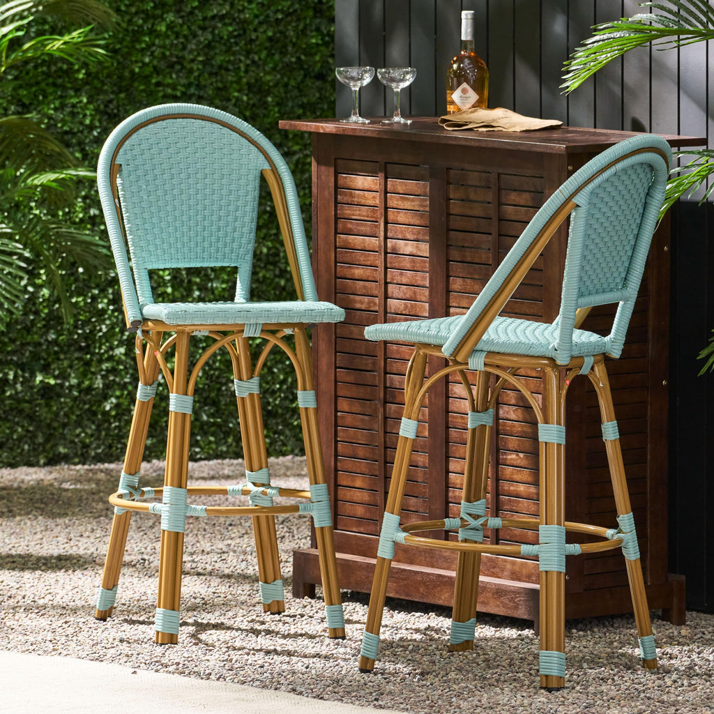 29.5" PE Rattan Aluminum Bar Stools, Set of 2, Light Teal E283