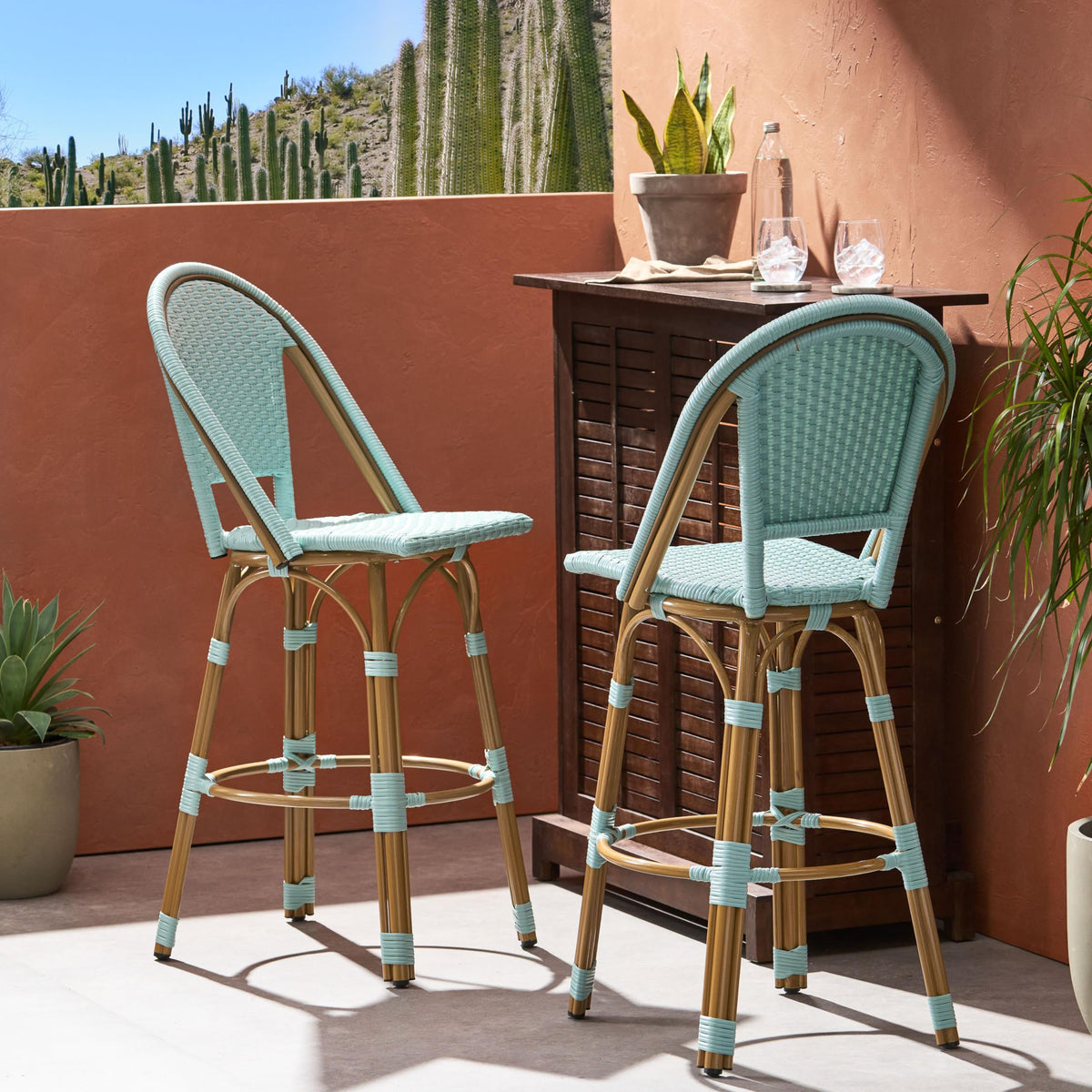 29.5" PE Rattan Aluminum Bar Stools, Set of 2, Light Teal E283