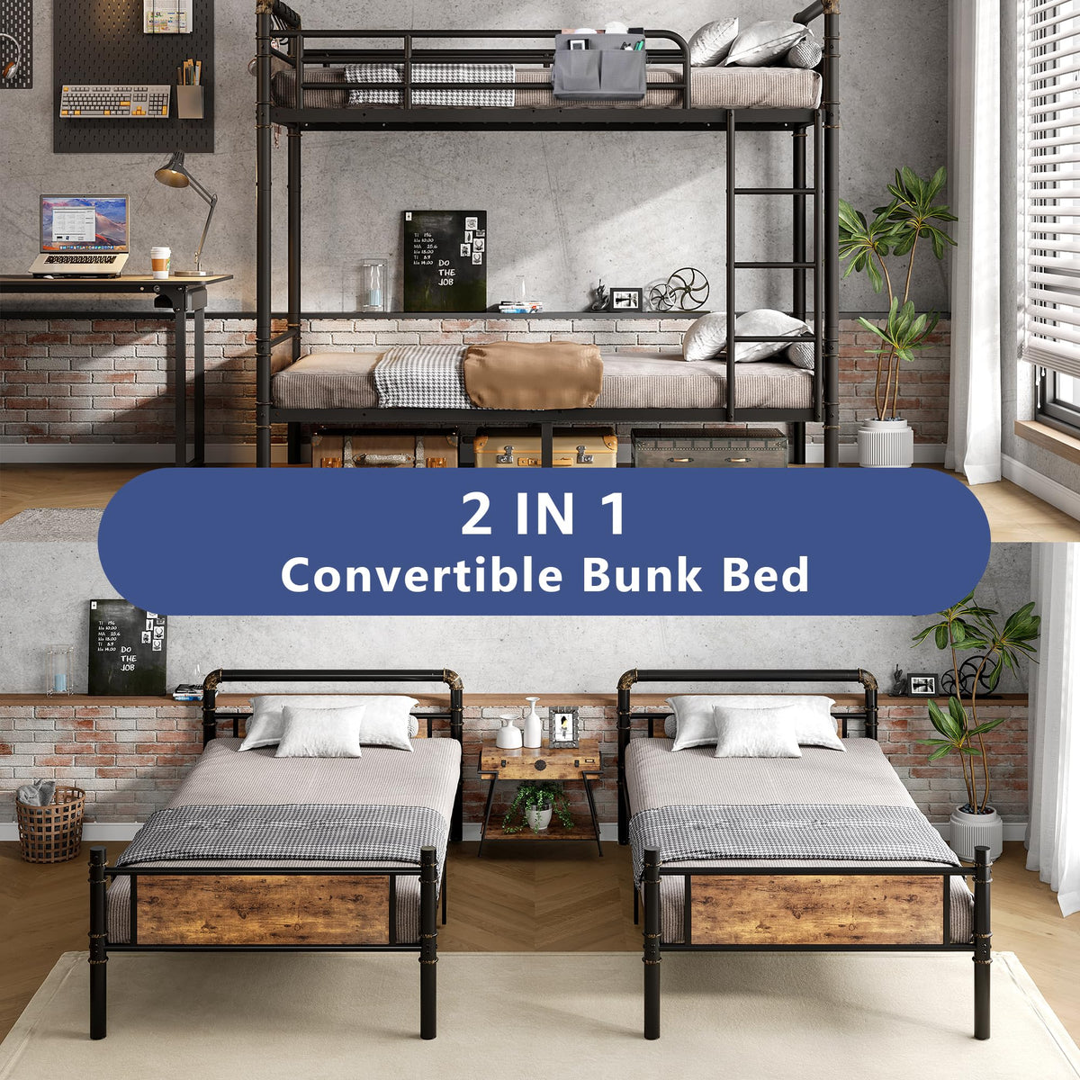 Twin Over Twin Metal Bunk Bed with Safety Guard Rails M84386