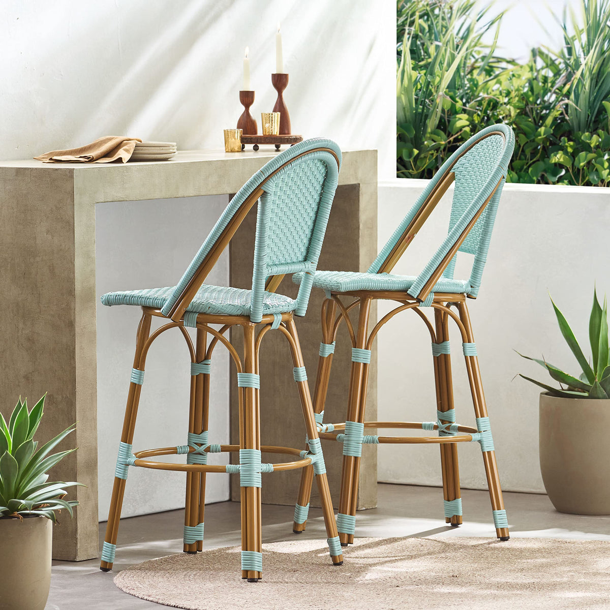 29.5" PE Rattan Aluminum Bar Stools, Set of 2, Light Teal E283