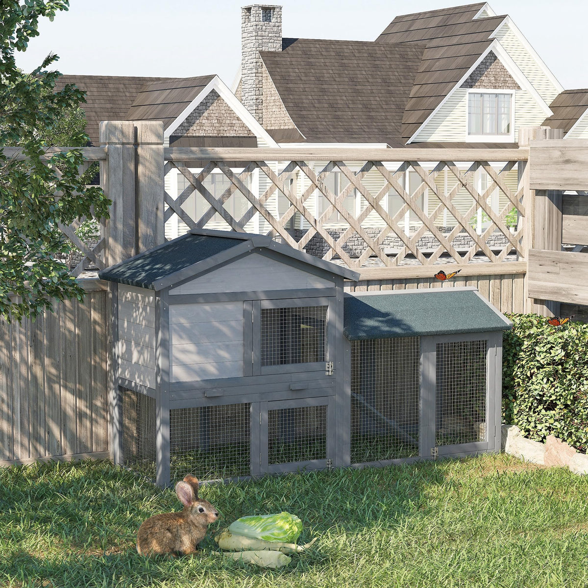 Wooden Rabbit Hutch with Ramp and Water-Resistant Roof Z604
